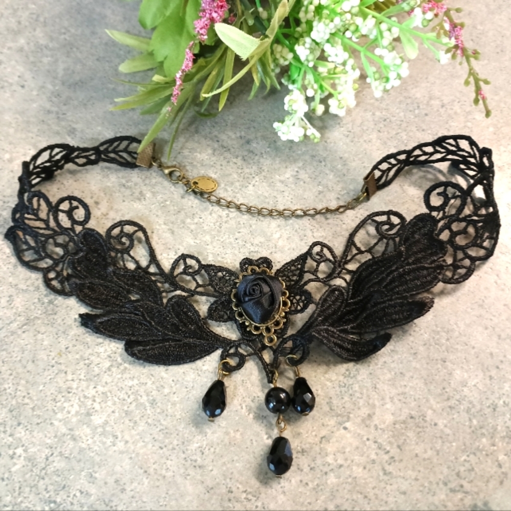 🖤Elegant Black Lace Rose Brooch Floral Choker Necklace🖤
